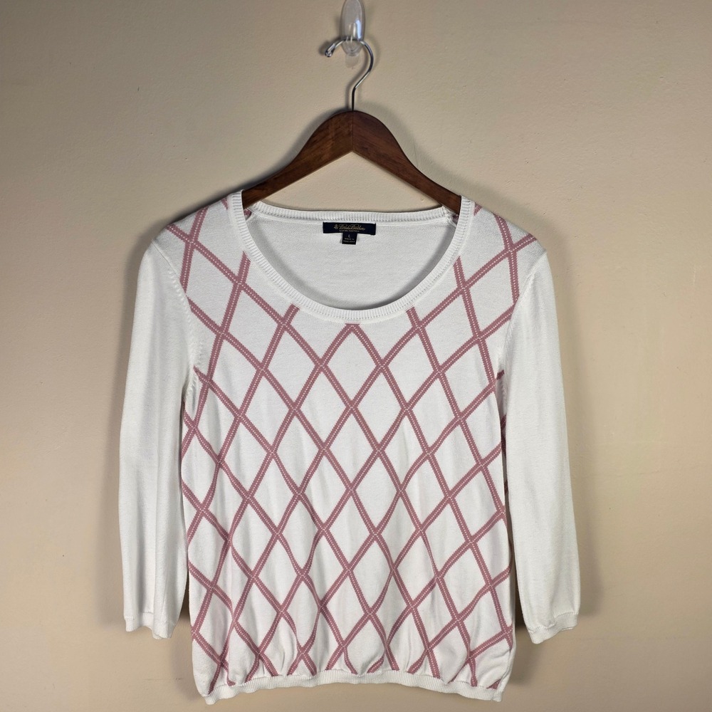 Brooks Brothers Sweater Womens Large White Pink Supima Cotton Argyle 3/4 Sleeve